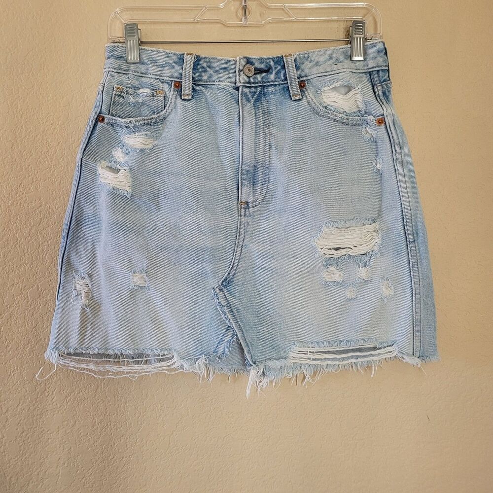 Abercrombie & Fitch Light Wash Distressed Denim A-Line Skirt